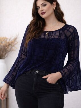 LC Lauren Conrad Navy Velvet Sheer Bell Sleeve Blouse Dark Academia XL